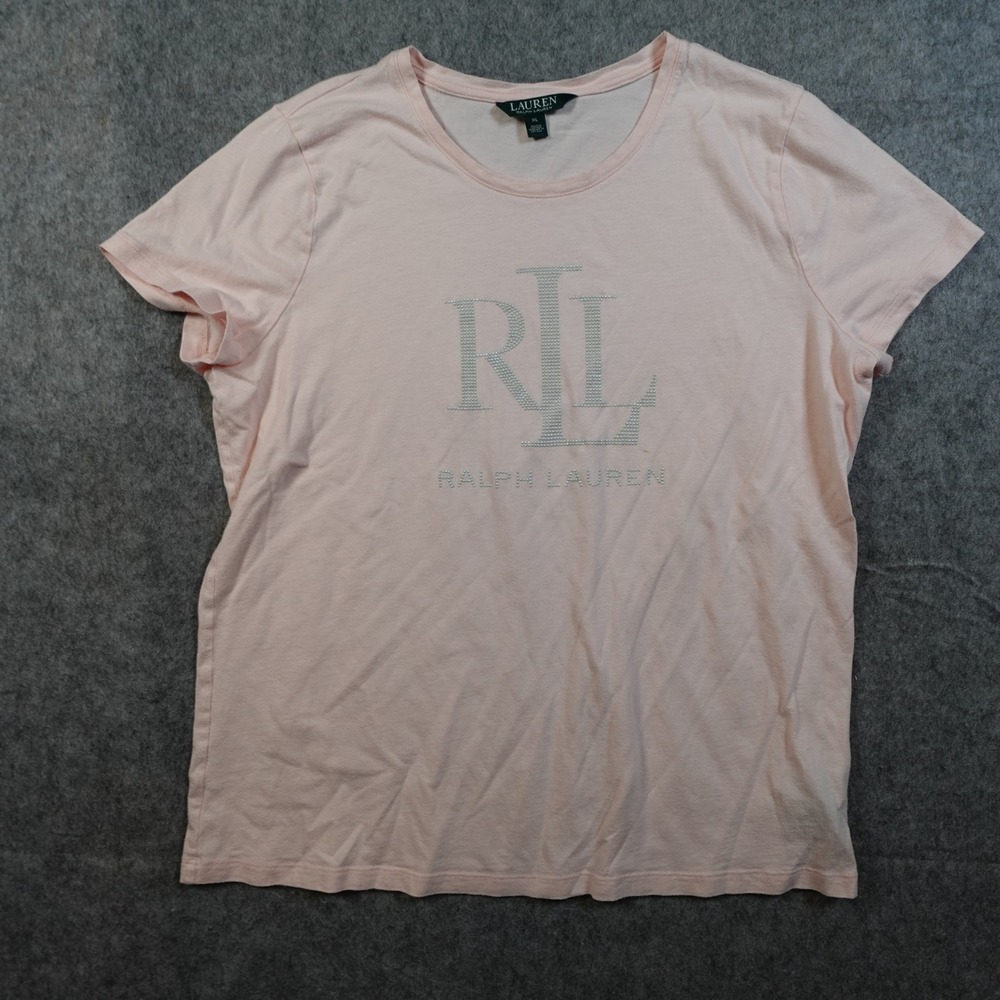 Ralph Lauren Top Womens Extra‎ Large Pink Logo Silver Jeweled Short Sleeve Crew